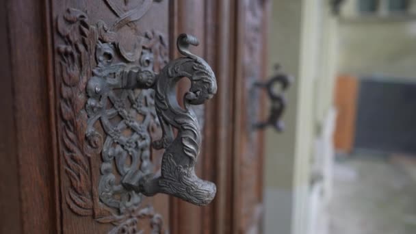 装飾および装飾が付いている伝統的なアンティークの木の戸口の美しいドアのノブ — ストック動画