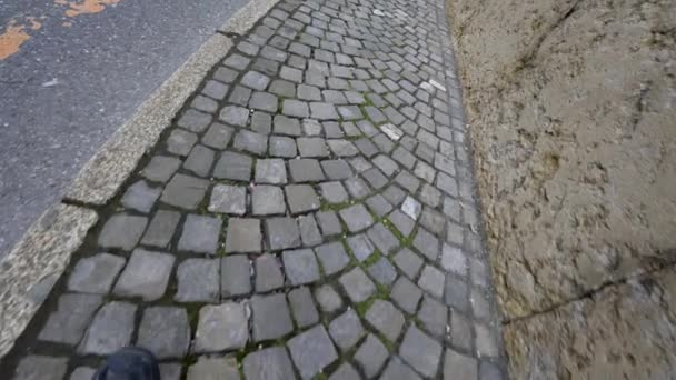 Feet Pov Journeying Time European Cobblestone Walkway Ancient Traditional Street — Stock video
