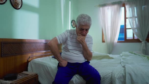 Inggris Portrait Elderly Man Deep Thought Pondering Decisions Bedside Bedroom — Stok Video