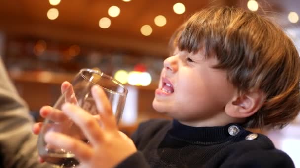 Chłopiec Sączący Wodę Restauracji Dziecko Pije Nawilża Się Trzymając Szkło — Wideo stockowe