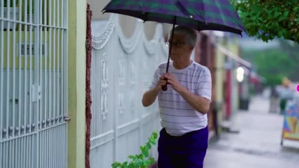 Person Arriving Home Rainy Day Opening Gate Closes Umbrella Walk — Stock Video