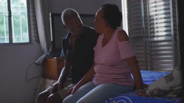 Senior Couple Sitting Bedside Candid Bedroom Older Black Husband Conversing — Stock Video