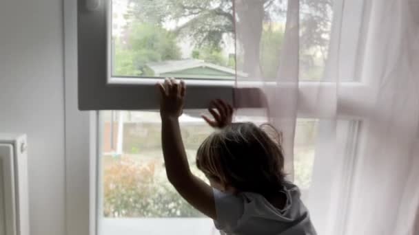 Barn Nyfikenhet Pojke Öppnar Fönstret Gardin För Att Observera Färgglada — Stockvideo