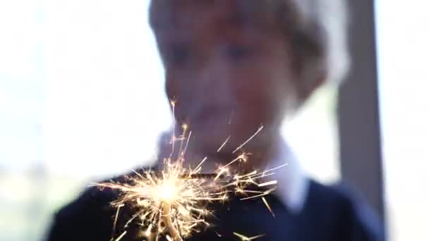 Bolo Com Lit Sparkler Meio Festas Criança Comemora Aniversário — Vídeo de Stock