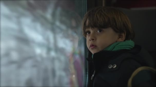 Trenin Penceresinden Küçük Çocuk Tünele Girerken Hızlı Yolculukta Çocuk Yolcu — Stok video