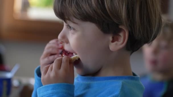 Little Caucasian Boy Enjoying Brioche Jelly Breakfast Child Relishing Morning — Stock Video