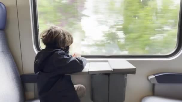 Fascynacja Dziecka Młody Chłopiec Manipuluje Przedmiot Stół Przez Okno Pociągu — Wideo stockowe