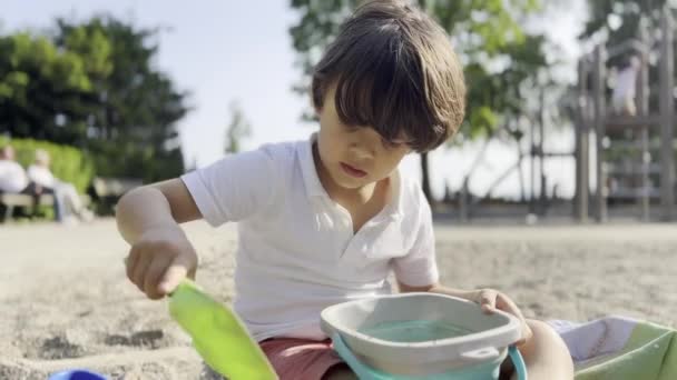 子供はサニープレイグラウンドで砂とビーチのおもちゃバケツを充填 子供と大人の遊び心のあるシーン — ストック動画