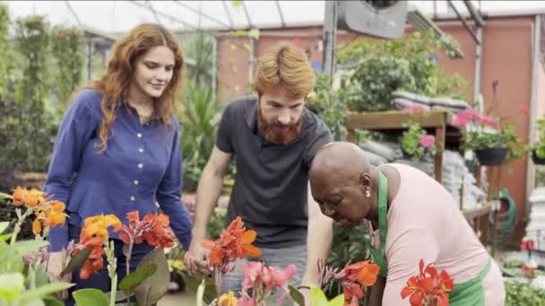 Çiçek Uzmanlığı Siyah Çiçekçi Yetenekli Sunar Çiçekçilikteki Kızıl Saçlı Çifte — Stok video