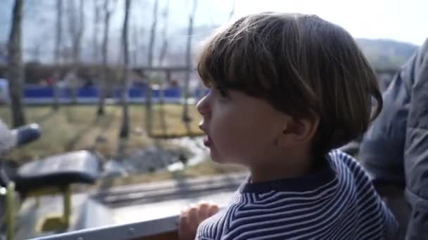 Młody Pasażer Mały Chłopiec Zegarki Krajobrazy Przejeżdżają Miniaturowej Przejażdżce Pociągiem — Wideo stockowe
