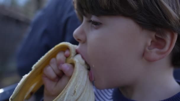 Κοντινό Πλάνο Του Μικρού Αγοριού Απολαμβάνοντας Μια Μπανάνα Υγιεινό Σνακ — Αρχείο Βίντεο