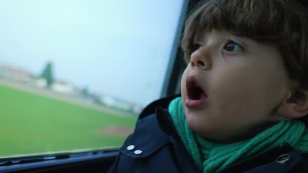 Ενθουσιασμένο Παιδί Που Ταξιδεύει Θέα Από Τρένο Υψηλής Ταχύτητας Φορώντας — Αρχείο Βίντεο