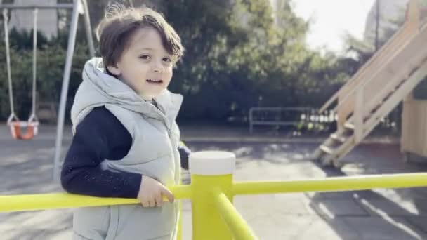 Radosne Chwile Karuzeli Słodkie Uśmiechy Chłopca Kamery Podczas Sunny Park — Wideo stockowe