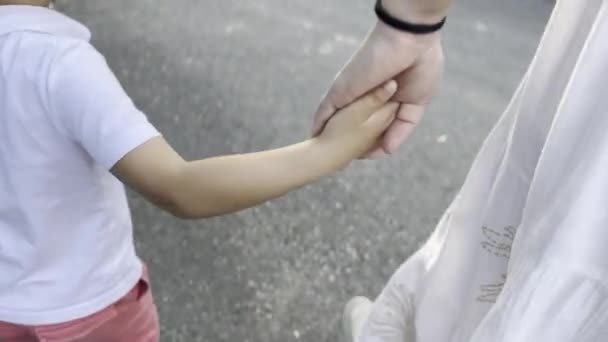Közelről Személyesen Anya Gyermek Kéz Kézben Ahogy Végigsétálnak Sétányon — Stock videók