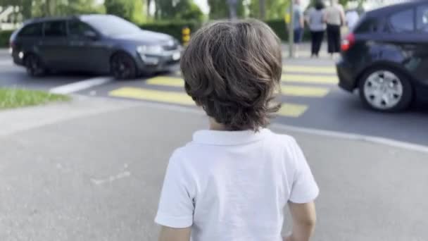 Νεαρό Αγόρι Πλησιάζει Πεζών Crosswalk Προετοιμαστούν Για Street Crossing Κατά — Αρχείο Βίντεο