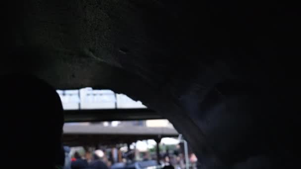 从瑞士蒸汽公园的微型火车出口隧道看金属桥 — 图库视频影像