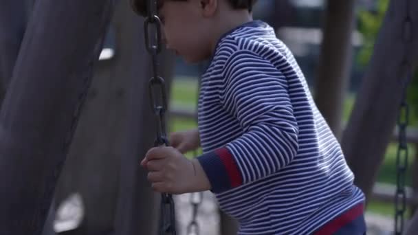 Percobaan Anak Dengan Keseimbangan Memegang Rantai Ketika Bermain Peralatan Bermain — Stok Video