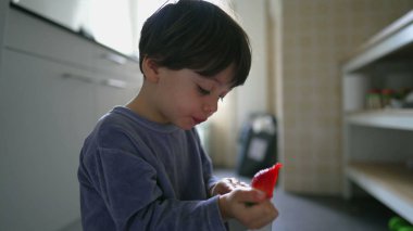 Pijamalı küçük çocuk kahvaltıda çilek yiyor, mutfakta elinde kaseyle yerde oturuyor.