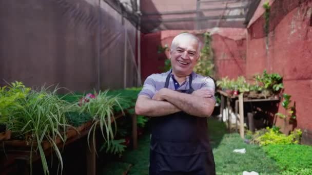Amistoso Horticultor Mayor Feliz Con Los Brazos Cruzados Sonriendo Cámara — Vídeos de Stock