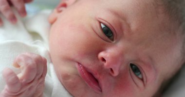 Baby newborn portrait observing the world, first day of life