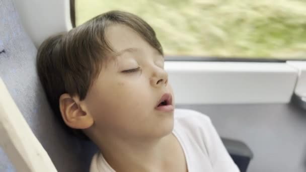 Kinderschläfchen Auf Zugfahrt Mundquetschung Möglicherweise Träumen Und Sprechen — Stockvideo