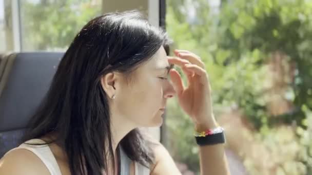 トラベラーズデイドリーム 構造物の列車の窓の女性の反射 — ストック動画