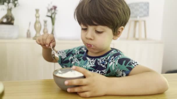 Criança Deliciando Com Prato Cremoso Jantar Durante Dia Mesa — Vídeo de Stock