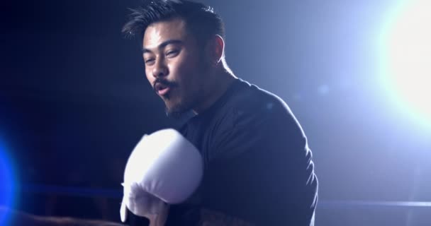 Boxing Fighter Odbiera Strajk Chroniąc Się Przed Atakiem Wewnątrz Ringu — Wideo stockowe