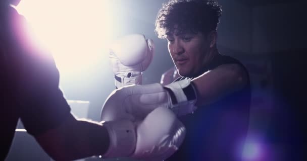 Slow Motion Boxers Exchange Respectful Gloved Tap Przed Walką Embodiment — Wideo stockowe