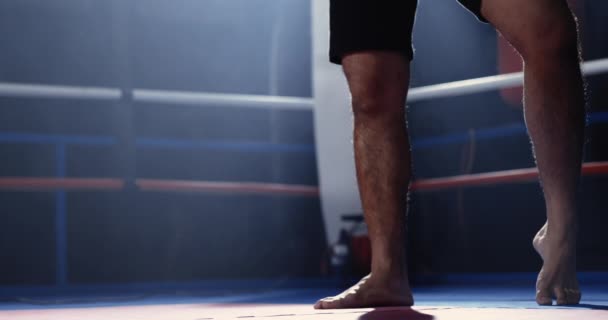 ボクシングリング上の男性の脚の閉じたアップ 劇的にリットフィギュア — ストック動画