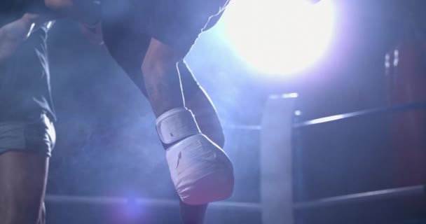 Man Muay Thai Duel Leg Strike Elküldi Boxer Vászonra Drámaian — Stock videók
