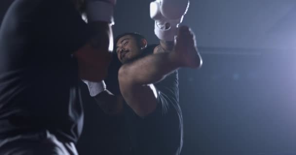 Dentro Del Anillo Muay Thai Enthusiast Ofrece Patada Duelo Entrenamiento — Vídeo de stock