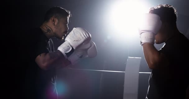 Dva Bojovníci Uvnitř Ringu Zírající Sebe Během Boje Boxerských Rukavicích — Stock video