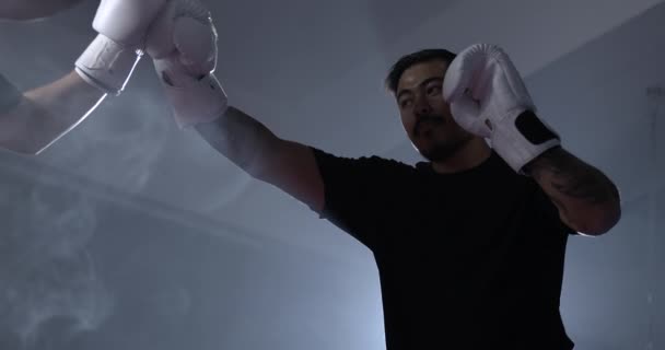 手袋のボクシングライバルの手 マッチする前に敬意の挨拶 — ストック動画