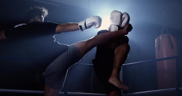 Ring Highlight Fighter Ügyesen Kitér Rúgás Alatt Drámai Világítás Rögzített — Stock videók
