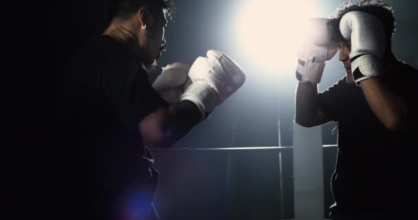 Dramatic Gaze Duel Boxers Lock Eyes Ring Illuminated Ambiance Moment — Stock Video