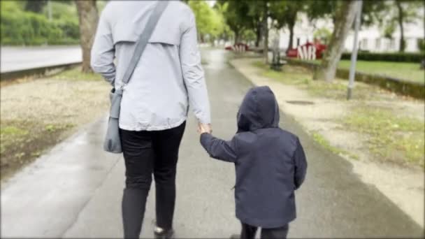 Deszczowy Spacer Mama Syn Uwiązani Spacer Ręka Rękę Obok Alei — Wideo stockowe