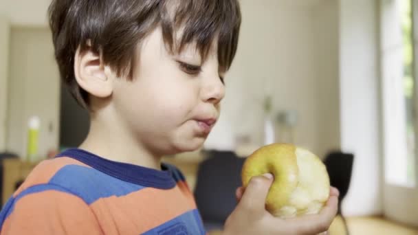 Quick Healthy Snack Boy Enjoys Apple His Hands While Standing — Stock Video