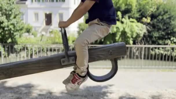 Παιδική Χαρά Kid Giggles Enjoys Παίζοντας Μια Ξύλινη Τραμπάλα Στη — Αρχείο Βίντεο