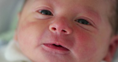 Newborn baby infant first day of life after birth looking, learning, and observing the world for first time