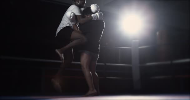 Intensywna Bitwa Pierścieni Młodzi Mężczyźni Clash Noga Strikes Meet Clinches — Wideo stockowe