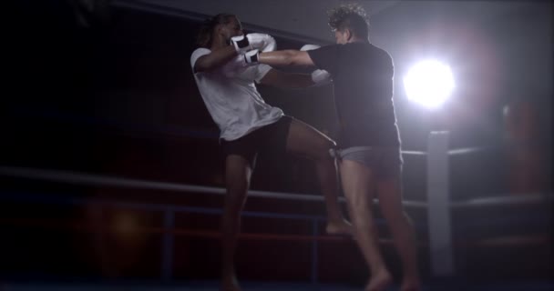 两个拳击手在里面打斗 拳打脚踢 速度为800 Fps慢动作时 战士们戴着拳击手套打膝盖踢 — 图库视频影像