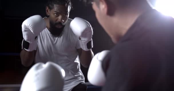 Zwei Kämpfer Stehen Sich Boxring Gegenüber Rivalen Starren Sich Mit — Stockvideo