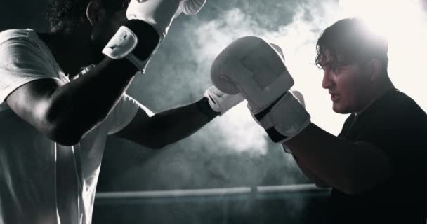 Dois Lutadores Cara Cara Durante Luta Boxe Dentro Anel Com — Vídeo de Stock