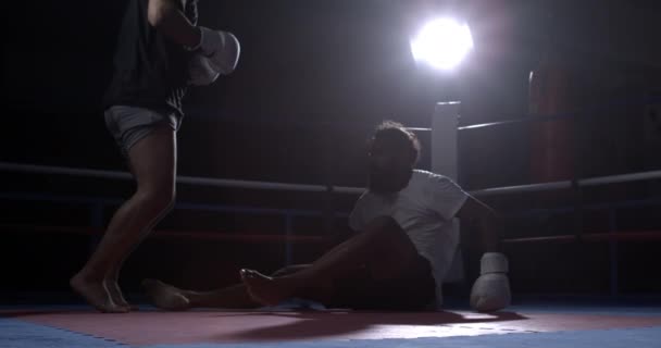 Fighter Raising Himself Floor Defeat Warrior Resilience Gets Showing Strength — Stock Video