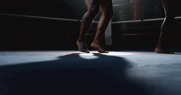 Close Fighter Legs Feet Standing Ring Dramatic Lighting Captured Slow — Stock Video