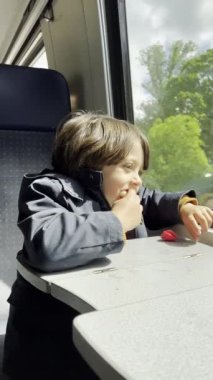 Arka planda Ağaç Çizgili Sahne ile Trenle Seyahat Ederken Küçük Çocuğun Atıştırması Var