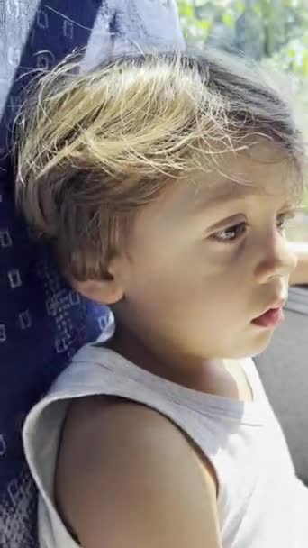累了的孩子在一天的旅行中坐在公共汽车窗边休息 — 图库视频影像