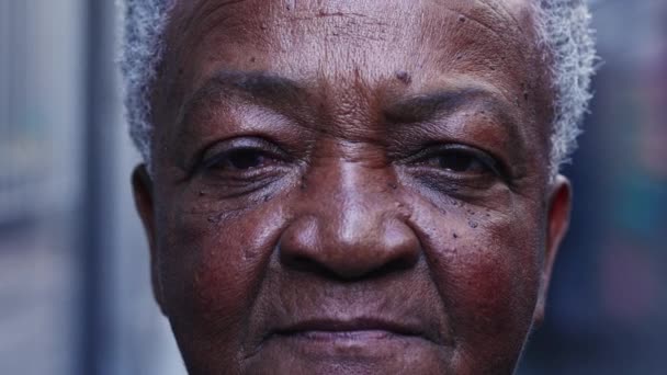 Ciddi Bir Ifadeyle Kameraya Bakan Yaşlı Siyahi Bir Kadının Dramatik — Stok video