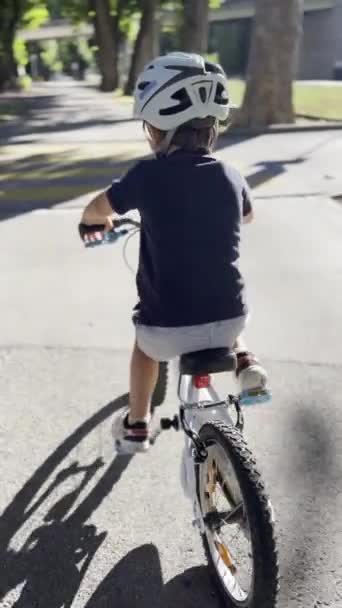 Kinderfietser Stoppen Bij Voetgangersoversteek Met Helm Voor Veiligheid — Stockvideo